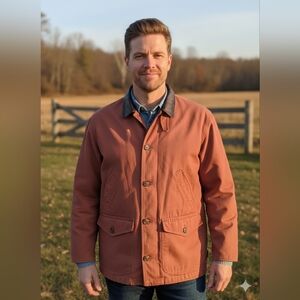 Vintage Adirondack Men's Barn Chore Coat Large Brown Leather Collar Country